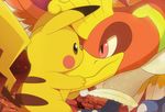  2017 ambiguous_gender avian beak bird brown_eyes cute duo eye_contact feathers feral fur hi_res ho-oh hug legendary_pok&eacute;mon nintendo orange_feathers pikachu pink_eyes pok&eacute;mon rosy_cheeks spread_wings talons tricksta video_games wings yellow_fur 