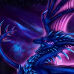  blue_teeth blue_tongue cool_colors curved_horn detailed_background dragon horn membranous_wings night open_mouth outside purple_eyes selianth sky spines star starry_sky teeth tongue wings 