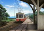  absurdres cloud commentary_request day fence ground_vehicle highres hill ocean original power_lines railroad_tracks rural sakagami_umi scenery sky town train train_station 