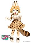  :d animal_ears ankle_boots banned_artist bare_shoulders blonde_hair blush boots bow bowtie brown_bow character_name elbow_gloves full_body gloves grey_footwear high-waist_skirt japari_symbol kemono_friends kisaragi_zwei oota_jun'ya_(style) open_mouth paw_pose serval_(kemono_friends) serval_ears serval_print serval_tail shirt short_hair simple_background skirt sleeveless sleeveless_shirt smile solo standing tail tareme thighhighs twitter_username white_background white_shirt yellow_eyes zettai_ryouiki 