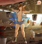  2017 aircraft airplane anthro areola armpits breasts brown_hair bucket clothing female footwear giraffe gloves hair lysergide mammal nipples overalls patreon shoes solo sweat yellow_eyes 