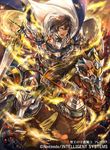  1girl armor armored_boots boots brown_hair cape company_connection copyright_name fire_emblem fire_emblem:_kakusei fire_emblem_cipher frederik_(fire_emblem) hagiya_kaoru holding holding_weapon horse horseback_riding male_focus official_art open_mouth riding shield short_hair shoulder_armor sword weapon 