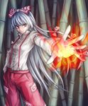  absurdres arm_strap bamboo bamboo_forest breasts fire forest fujiwara_no_mokou funami_dingo hair_ribbon hand_in_pocket highres light_smile long_hair looking_at_viewer nature ofuda pants red_eyes ribbon shirt silver_hair small_breasts solo suspenders touhou tress_ribbon very_long_hair 