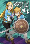  1girl blonde_hair blue_hair book bow_(weapon) crossbow full_body io_naomichi link long_hair looking_at_viewer pointy_ears princess_zelda protecting shield sword text_focus the_legend_of_zelda the_legend_of_zelda:_breath_of_the_wild weapon 