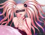  1girl 2017 artist_name blindfold clothed_male_nude_female collar danganronpa danganronpa_1 enoshima_junko fellatio hair_ornament hetero leash mstivoy nude open_fly oral penis pink_hair pov slave solo_focus spoilers twintails uncensored veins veiny_penis 