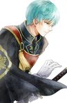  aqua_hair bad_id bad_pixiv_id cape gloves ichigo_hitofuri k-mame katana male_focus necktie parted_lips sword touken_ranbu weapon white_gloves yellow_eyes 