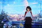  black_hair blouse blue_sky blurry bokeh cat cityscape day depth_of_field flower glasses high-waist_skirt long_skirt long_sleeves nakamura_yukihiro original outdoors planet railing round_eyewear saturn short_hair skirt sky solo standing sunflower sunlight white_blouse white_cat 