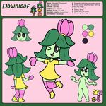  2017 black_sclera boots clothing dawnleaf digital_media_(artwork) dress english_text featureless_crotch female flat_chested flora_fauna flower footwear humanoid leaves legwear looking_at_viewer mittens model_sheet not_furry nude open_mouth petals plant shiny-lilligant simple_background smile text thigh_highs white_eyes 