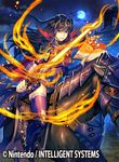  arm_guards armor bangs belt black_hair book cape company_name copyright fire_emblem fire_emblem:_kakusei fire_emblem_cipher furikawa_arika hair_ornament holding holding_weapon horse horseback_riding long_hair looking_at_viewer magic moon night night_sky official_art outdoors purple_eyes riding sky smile solo sword tharja thighhighs weapon 