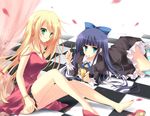  asakura_hayate bangle bare_shoulders barefoot black_panties blonde_hair blush bracelet checkered checkered_floor dress eating food hair_ribbon jewelry long_hair multiple_girls nail_polish panties panty_&amp;_stocking_with_garterbelt panty_(psg) pink_nails pink_panties pocky red_dress ribbon shoes single_shoe sitting smile stocking_(psg) striped striped_legwear thighhighs underwear undressing 