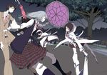  3girls annihilate_luxifer belt bench kenja_tori multiple_girls park skirt sword tree umbrella weapon 