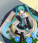  aqua_eyes aqua_hair aqua_nails bad_id bad_pixiv_id bare_shoulders clock detached_sleeves flower hatsune_miku highres long_hair morning_glory nail_polish necktie pocket_watch skirt smile solo standing standing_on_one_leg thighhighs tucana twintails very_long_hair vocaloid watch 