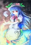 absurdres bad_id bad_pixiv_id blue_hair food fruit hat highres hinanawi_tenshi leaf light_smile long_hair outstretched_arm outstretched_hand peach red_eyes solo sword sword_of_hisou sxbzero touhou traditional_media watercolor_(medium) weapon 