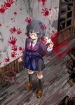  black_hair blood blue_eyes corpse_party glasses hair_ornament hand_print highres kouji_(astral_reverie) looking_up saenoki_naho short_hair skirt solo sweater 