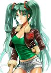  bad_id bad_pixiv_id breasts centimetre cleavage green_eyes green_hair hatsune_miku jacket long_hair medium_breasts short_shorts shorts simple_background solo twintails very_long_hair vocaloid 