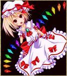  absurdres alternate_costume bad_id bad_pixiv_id blonde_hair blush bow cosplay emina flandre_scarlet highres ponytail remilia_scarlet remilia_scarlet_(cosplay) short_hair solo touhou wings 