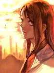  backlighting bad_id bad_pixiv_id evening face kokutan_kitsunen lips long_hair looking_at_viewer original parted_lips red red_hair solo sunlight sunset 