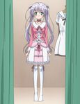  curtains dress fitting_room fortune_arterial green_eyes highres long_hair ribbon screencap silver_hair solo stitched thighhighs third-party_edit tougi_shiro twintails zettai_ryouiki 
