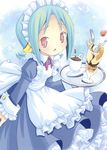  :o absurdres apron cup dress green_hair headdress highres long_sleeves open_mouth original parfait pop red_eyes solo 