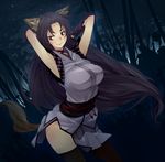  amami_amayu animal_ears armpits arms_behind_head black_hair breasts eyeliner fishnet_legwear fishnets forest fox_ears fox_tail gloves japanese_clothes large_breasts long_hair makeup monster_collection nature night purple_eyes smile tail thighhighs very_long_hair 