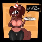 2024 absurd_res after_eating anthro big_breasts birthday birthday_candle black_bottomwear black_clothing bottomwear breasts brown_body brown_ears brown_fur brown_hair brown_tail buxy circle_eyebrows cleavage clothed clothed_anthro clothed_female clothing digital_drawing_(artwork) digital_media_(artwork) directional_arrow english_text eye_through_hair eyebrow_through_hair eyebrows female female_anthro fingers front_view fur hair hat headgear headwear hi_res holding_plate izzy_(buxy) looking_at_viewer mammal navel open_mouth open_smile party_hat portrait rodent round_ears sciurid shirtless shirtless_anthro shirtless_female smile solo speech_bubble tail talking_to_viewer text thigh_gap three-quarter_portrait topwear translucent translucent_hair tree_squirrel white_text