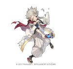  1boy closed_eyes copyright_notice dragonstone fire_emblem fire_emblem_fates fire_emblem_heroes full_body grin hagoita heart_attack japanese_clothes kana_(fire_emblem) kana_(male)_(fire_emblem) kana_(male)_(rising_dragon)_(fire_emblem) kimono male_focus official_alternate_costume official_art paddle scarf simple_background smile solo spiked_hair tapioka_chaso teeth torn_clothes v-shaped_eyebrows white_background white_hair 