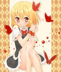  argyle argyle_background bad_id bad_pixiv_id blonde_hair blush bow bowtie bug butterfly face frills hair_bow insect jigatei_(omijin) legs no_panties red_eyes rumia short_hair smile solo touhou wrist_cuffs 