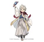  1boy dragonstone envelope fire_emblem fire_emblem_fates fire_emblem_heroes full_body grey_eyes hagoita holding holding_envelope japanese_clothes kana_(fire_emblem) kana_(male)_(fire_emblem) kana_(male)_(rising_dragon)_(fire_emblem) kimono looking_at_viewer male_focus official_alternate_costume official_art open_mouth paddle scarf simple_background smile solo spiked_hair tapioka_chaso white_background white_hair 
