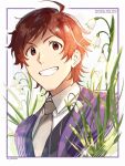  1boy ahoge artist_name b4_bababibe birthday border brown_necktie clenched_teeth collared_jacket collared_shirt commentary_request dated facial_hair flower goatee highres idolmaster idolmaster_side-m jacket looking_at_viewer necktie open_mouth outside_border purple_border purple_jacket purple_suit red_eyes red_hair shirt sidelocks smile solo sparkle suit suit_jacket teeth tendo_teru three_quarter_view upper_body white_flower white_shirt white_undershirt 