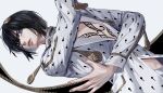  1boy arms_up black_hair blue_eyes bruno_bucciarati chest_tattoo cleavage_cutout clothing_cutout collared_jacket commentary_request eyelashes fingernails hair_between_eyes jacket jojo_no_kimyou_na_bouken long_sleeves looking_to_the_side male_focus midriff_peek pants parted_lips patterned_clothing sideways_glance solo suit_jacket tattoo teeth tilsmap_reel unzipped vento_aureo white_background white_jacket white_pants zipper zipper_pull_tab 