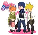  2boys bad_id bad_pixiv_id badge blonde_hair blush brief_(psg) bubble_blowing button_badge chewing_gum genderswap genderswap_(ftm) genderswap_(mtf) hair_over_eyes laphy multicolored_hair multiple_boys official_style one_eye_closed orange_hair panty_&amp;_stocking_with_garterbelt panty_(psg) plaid plaid_scarf scarf short_hair skull socks stocking_(psg) striped striped_scarf two-tone_hair 