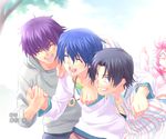  3boys angel_beats! black_hair blue_hair closed_eyes fujimaki_(angel_beats!) hinata_(angel_beats!) hood hoodie male_focus multiple_boys noda_(angel_beats!) purple_hair running yui_(angel_beats!) zen 