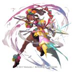  1girl attack bead_bracelet beads bracelet breasts brown_eyes brown_hair copyright_notice dark-skinned_female dark_skin eyeshadow feathers fire_emblem fire_emblem_engage fire_emblem_heroes frilled_skirt frills holding holding_polearm holding_weapon jewelry makeup medium_breasts micro_shorts microskirt navel official_art one_eye_closed open_mouth polearm ponytail purple_eyeshadow sandals shorts skirt smile so-taro solo spear star-shaped_pupils star_(symbol) symbol-shaped_pupils timerra_(fire_emblem) weapon white_background 