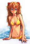  :o bikini blue_eyes boyaking face hands long_hair navel neon_genesis_evangelion orange_hair pool red_hair solo souryuu_asuka_langley swimsuit water wet yellow_bikini 