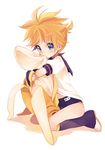  amezawa_koma bad_id bad_pixiv_id banana blonde_hair blue_eyes blush bulge child food fruit holding holding_food holding_fruit kagamine_len male_focus mouth_hold pillow pillow_hug ponytail sailor_collar simple_background sitting solo stuffed_banana vocaloid 