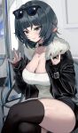  1girl \m/ absurdres animal_ears black_choker black_hair black_jacket black_thighhighs breasts choker cleavage crossed_legs double_\m/ eyewear_on_head fur_trim green_eyes hands_up highres jacket jane_doe_(zenless_zone_zero) jewelry kangi_nako large_breasts long_sleeves looking_at_viewer medium_hair mouse_ears mouse_tail nail_polish necklace open_clothes open_jacket red_nails shirt sitting skindentation smile solo sunglasses tail thighhighs thighs train_interior white_shirt zenless_zone_zero 
