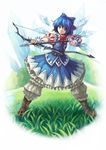  absurdres adapted_costume aiming arrow bad_id bad_pixiv_id blue_eyes blue_hair bow bow_(weapon) cirno drawing_bow dress error frills hair_bow highres holding holding_arrow holding_bow_(weapon) holding_weapon outstretched_arm short_hair solo touhou weapon wings yinzhai 