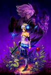  1girl armor armored_dress bird black_armor dress gwendolyn odin_sphere oropi oswald_(odin_sphere) polearm purple_hair spear standing strapless strapless_dress weapon 