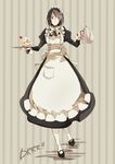  alternate_costume apron bad_id bad_pixiv_id black_hair bob_cut bow breasts brown_eyes cake dress durarara!! enmaided food fruit glasses large_bow large_breasts maid maid_headdress pantyhose short_hair solo sonohara_anri strawberry striped striped_background teapot tray vertical-striped_background vertical_stripes white_legwear yone_(kaguudou) 