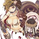  armor bikini_top black_hair blood breasts fundoshi hand_on_hip head_arms helmet insect_girl japanese_clothes large_breasts looking_up monster multiple_girls multiple_pupils navel original red_eyes restrained short_hair smile spider_girl sword tabi utu weapon 