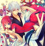  1girl bad_id bad_pixiv_id blue_eyes cake candy china_dress chinese_clothes cupcake dango dress eating food fruit gintama hadanugi_dousa japanese_clothes kagura_(gintama) kimono mg_(mica) parfait pillow red_eyes red_hair sakata_gintoki short_sleeves skewer sprinkles strawberry tiered_tray wagashi white_hair 