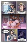 2024 absurd_res anthro bear belt big_breasts blue_eyes blush bow_tie breasts cleavage clothed clothing commodu computer dialogue digital_media_(artwork) duo electronics english_text female five_nights_at_freddy&#039;s freckles freddy_(fnaf) fredina&#039;s_nightclub frenni_(cryptiacurves) hat headgear headwear hi_res human male mammal necktie scottgames speech_bubble text thick_thighs