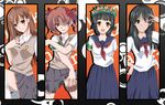  black_hair brown_eyes brown_hair flower green_eyes hair_flower hair_ornament highres long_hair misaka_mikoto multiple_girls older one_eye_closed sakugawa_school_uniform saten_ruiko school_uniform serafuku shirai_kuroko short_hair skirt sougetsu_izuki sweater_vest to_aru_kagaku_no_railgun to_aru_majutsu_no_index tokiwadai_school_uniform twintails uiharu_kazari 