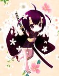  ahoge cherry_blossoms flower highres horns japanese_clothes kimono kohinomoto oni original solo sword thighhighs weapon yume_shokunin 
