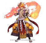  1boy abs body_markings copyright_notice dark-skinned_male dark_skin dragon_mask fake_hair fire_emblem fire_emblem_heroes flaming_hand full_body hair_over_one_eye looking_at_viewer male_focus muspell_(fire_emblem) muspell_(flame)_(fire_emblem) official_alternate_costume official_art orange_hair pelvic_curtain red_eyes shawl smile so-taro solo sumo tachi-e toned toned_male white_background 