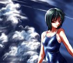  cloud green_hair one-piece_swimsuit original pizza_man red_eyes short_hair skin_tight solo swimsuit wet 