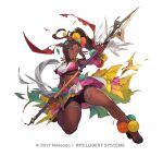  1girl bead_bracelet beads bracelet breasts brown_eyes brown_hair clenched_teeth copyright_notice damaged dark-skinned_female dark_skin eyeshadow fire_emblem fire_emblem_engage fire_emblem_heroes frilled_skirt frills jewelry makeup medium_breasts micro_shorts microskirt navel official_art one_eye_closed ponytail purple_eyeshadow sandals shorts skirt so-taro solo star-shaped_pupils star_(symbol) symbol-shaped_pupils teeth timerra_(fire_emblem) torn_clothes v-shaped_eyebrows white_background 