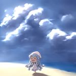  1girl :d aaaa beach blue_hair chibi cloud cloudy_sky day dress hat highres ikamusume long_hair mini-ikamusume ocean open_mouth outdoors shinryaku!_ikamusume sky smile solo squid_hat tentacle_hair 