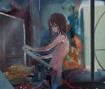  1boy androgynous art_brush art_room artist_painter blue_eyes brown_hair can canvas_(object) closed_mouth completely_nude cup edgar_valden full_body glass highres holding holding_brush holding_paintbrush identity_v indoors long_hair looking_at_viewer messy messy_hair messy_room navel nude paint paint_can paint_splatter paint_stains paint_tube paintbrush painting_(action) palette_(object) red_ribbon ribbon solo standing table ttptg6 