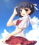  aikawa_kizuna bad_id bad_pixiv_id black_hair blush brown_eyes crossdressing half_updo male_focus minakami_kurena open_mouth otoko_no_ko prunus_girl school_uniform see-through short_hair skirt smile solo wet wet_clothes 